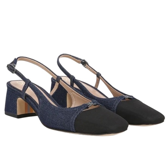Sam Edelman Tarra Slingback Pumps Black/Navy Denim Block Heel Size 10 New in Box - Picture 2 of 12